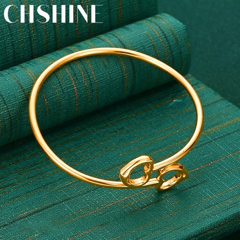 925 Sterling Silver 18K Gold Double Heart Open Bangle For Women Wedding Party Fashion Charm Jewelry
