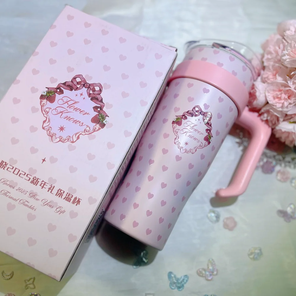 Flower Knows Thermal Tumbler with straw 1200mL Large capacity cups Pink Herat 2025 New Year Cup Artist