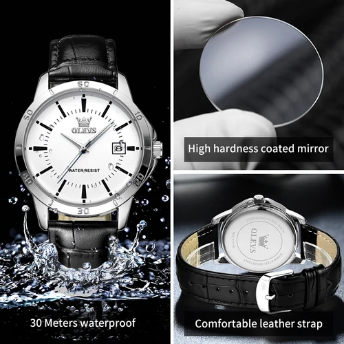 Imagen 2 del producto Reloj OLEVS para hombre, correa de cuero de moda, reloj de cuarzo resistente al agua para hombre, calendario sencillo, relojes de pulsera de vestir para hombre, exfoliante nuevo