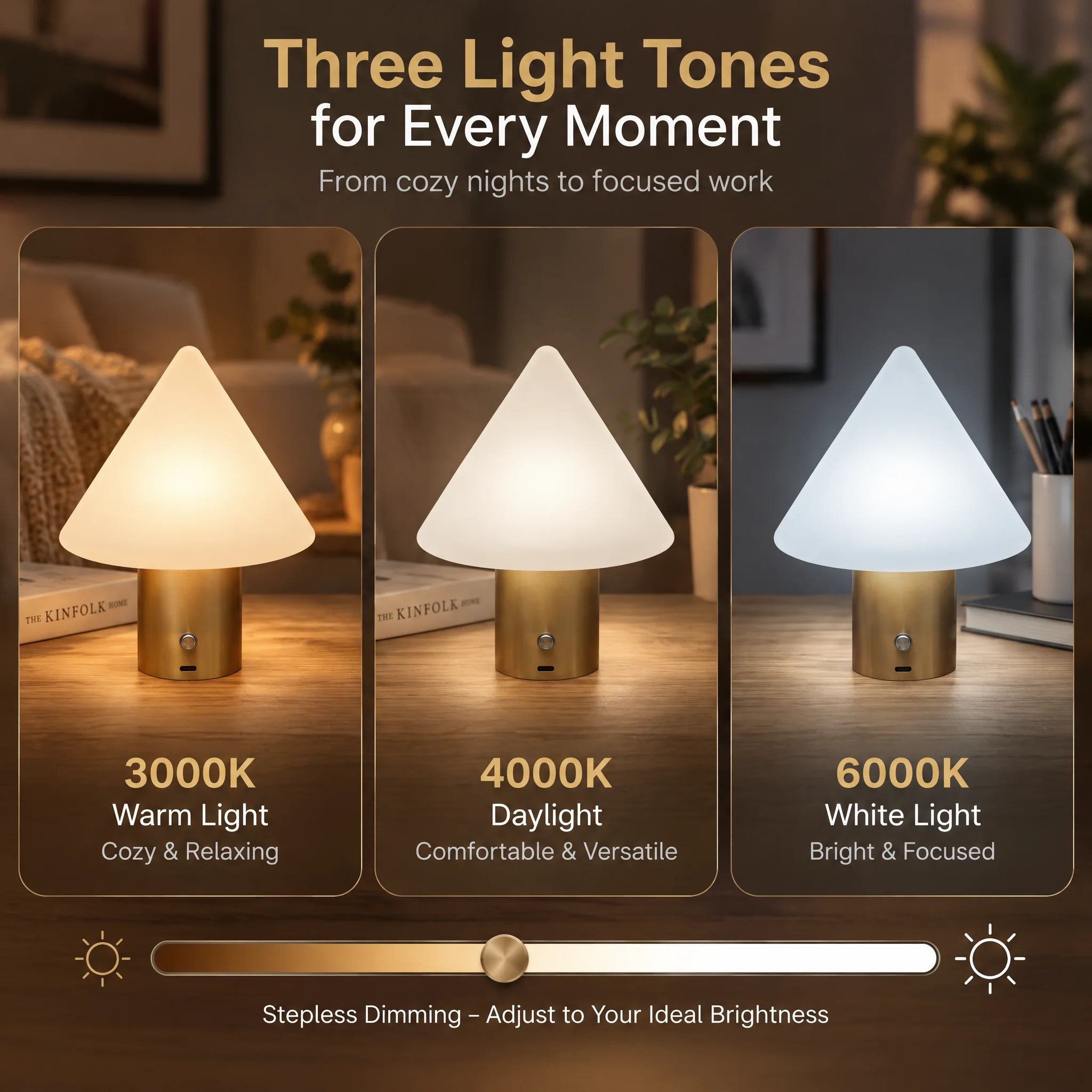 Portable Cordless LED Desk Lamp,3 Light Modes Dimmable Night Lamp,Gold Metal Base Ambient Table Light for Home & Cafe Decoration