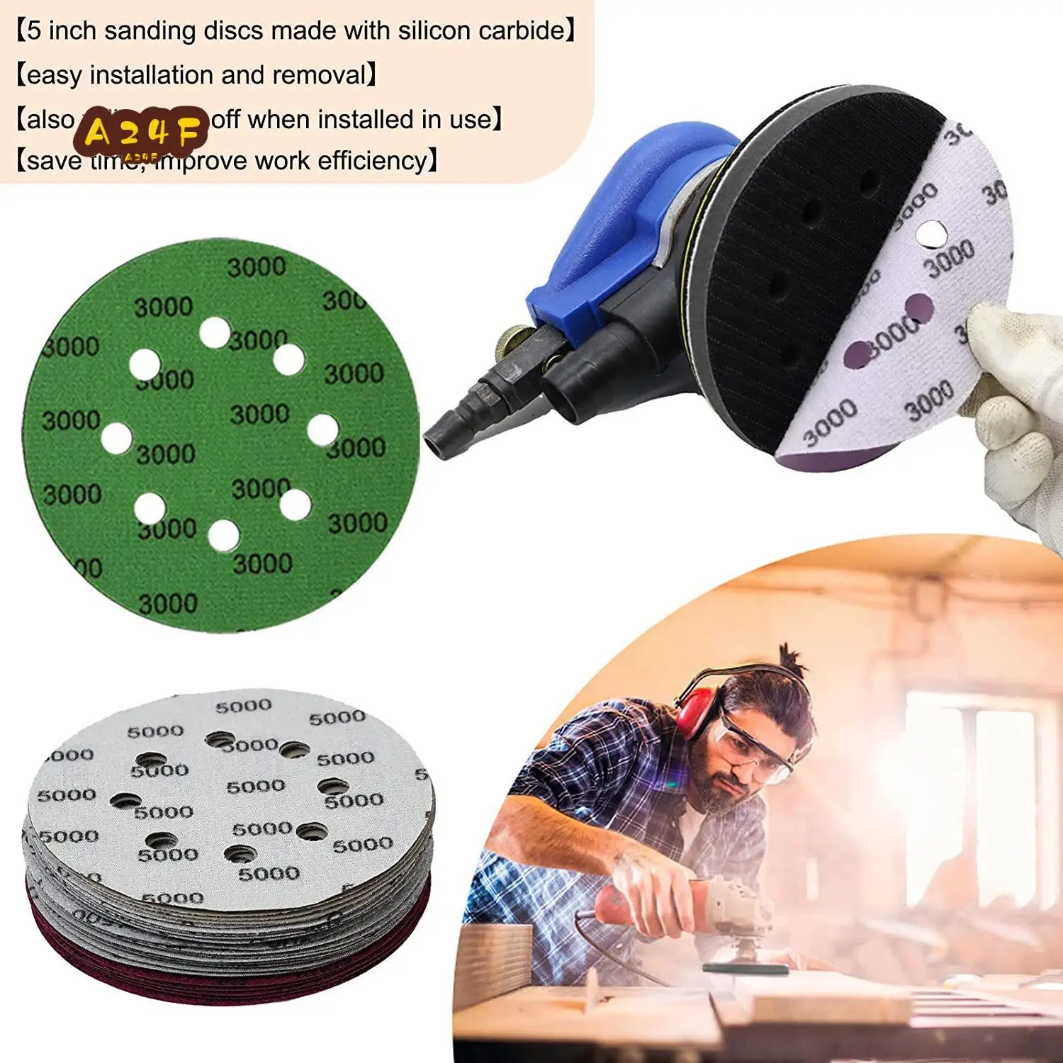 

A24F-30Pcs 5-Inch Sanding Disc Sets, Hook&Loop 5-Inch 8-Hole Combination (800/1000/1500/2000/3000/5000) Sandpaper New