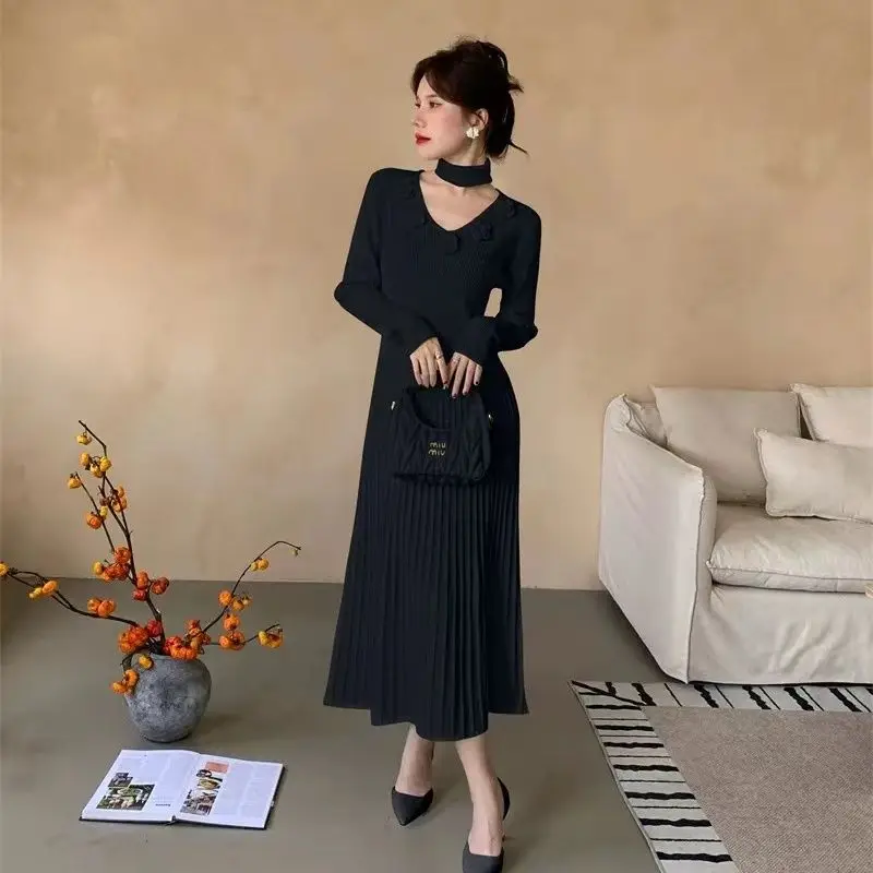 Autumn Winter Women's Knitted Dress Base Layer Sweater Dress Floor-Length Polyester Three Dimensional Flowers Shirts CQ219