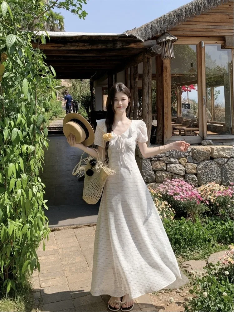 

plus Size Fashion Polka Dot Short Sleeve Dress Waist Cinching Slimming Pleated A-Line Long Dress Korean Style Commute Wind