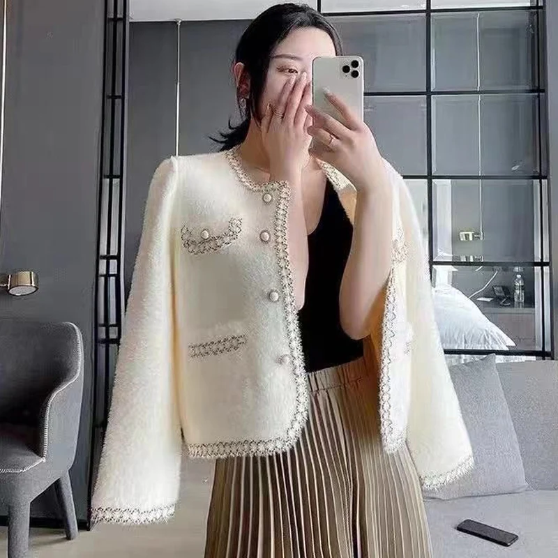 

OKXGNZ New Short Small Fragrance Mink Fleece Jacket Women's Loose Chic Cardigan Knitt Woolen Overcoat Lady 2024 Autumn Warm Coat