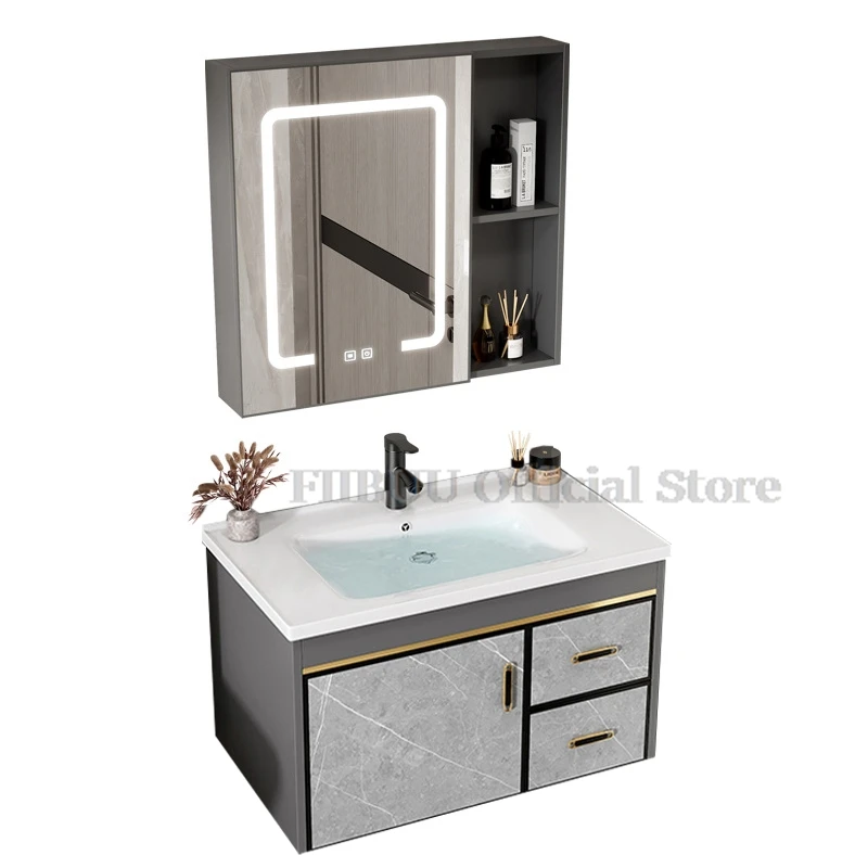 Kabinet kamar mandi dinding dengan cermin persegi Vanity kamar mandi dengan wastafel keramik terpasang di dinding Set furnitur Toilet terintegrasi