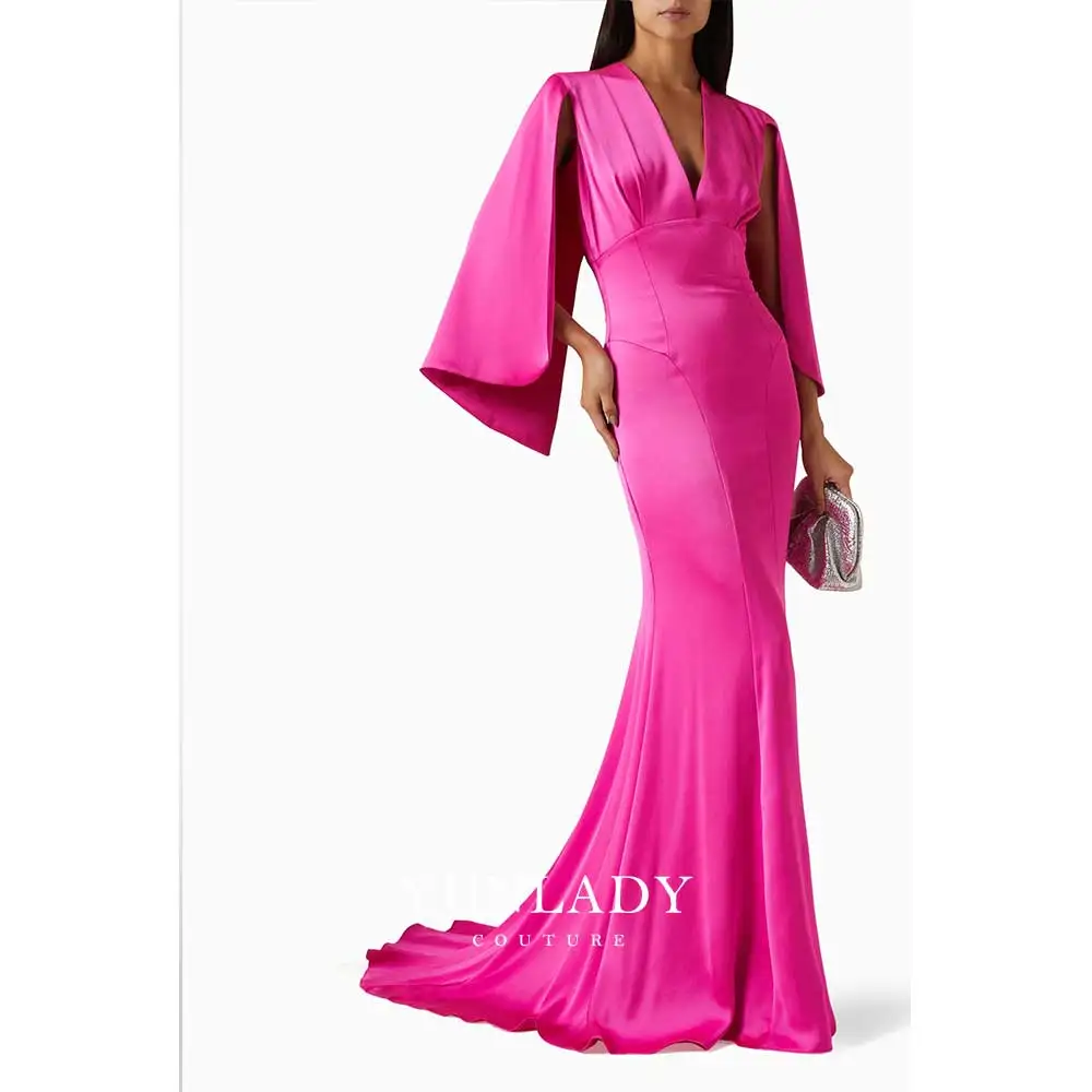 YUNLAN Gorgeous Smock Cape Evening Gown Pink Satin Arabian Ball Gown 2024 Women Spring Mom Gown Formal Occasion Trailing Gown