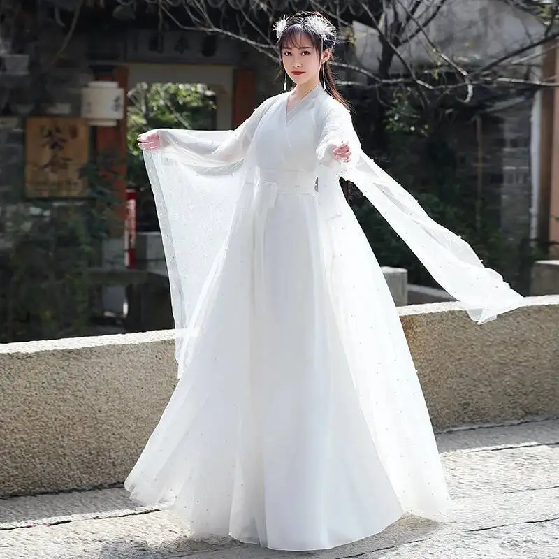 

Hanfu White Long Dress Folk Dance Costume Chinese Traditional National Fairy Cosplay Costume Ancient Princess Stage Outfits
