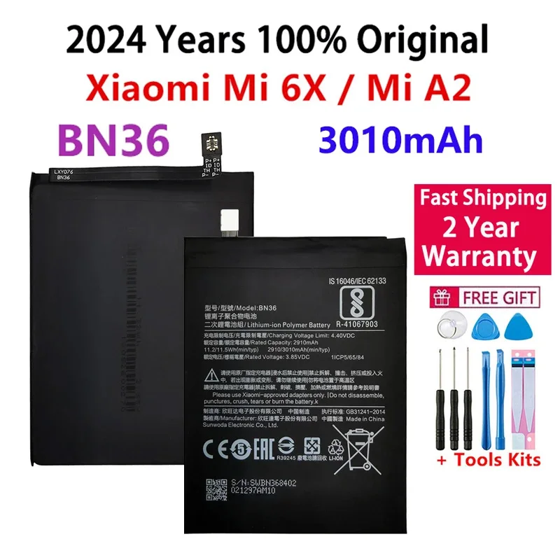 

2024 Years BN36 Original Battery For Xiaomi Mi 6X A2 Mi6X MiA2 3000mAh Phone Batteries Bateria Fast Shipping + Tools