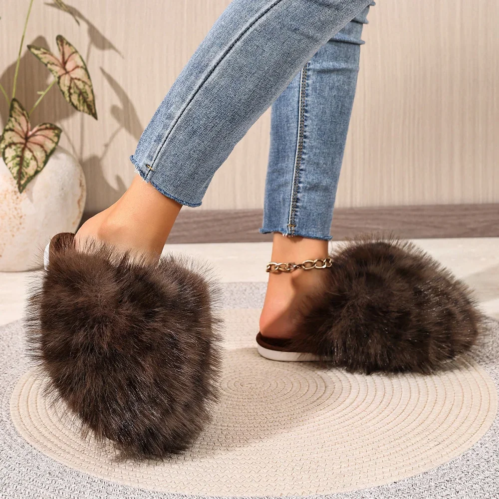 Damen Warme Hausschuhe Plüsch Leopardenfell Flauschige Pantoffeln Große Größen Geschlossene Zehenpartie Flache Sandalen Weiche Bequeme Schuhe für Frauen – Detail 20