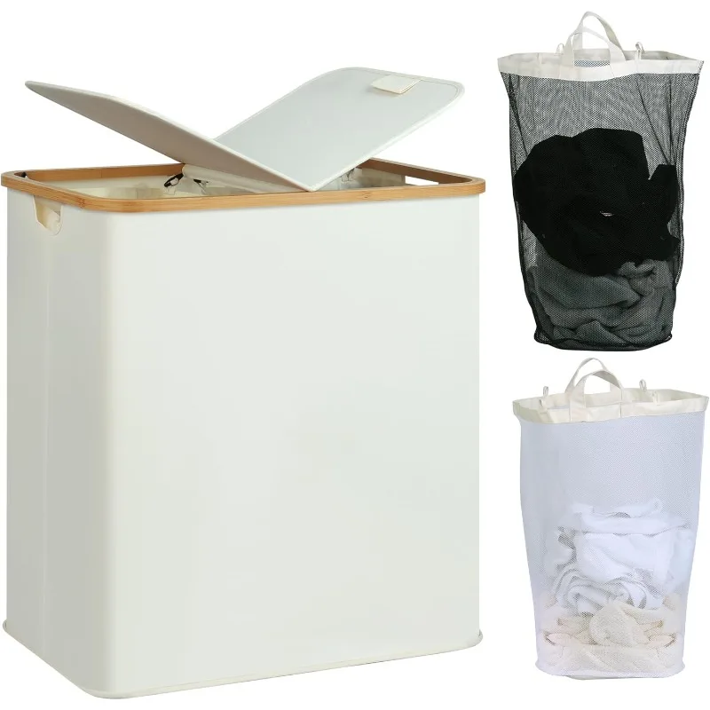 Laundry Hamper with Lid, Double Laundry Hamper with 2 Removable Bags, 2 Section Laundry Basket with Bamboo Handles for Ba