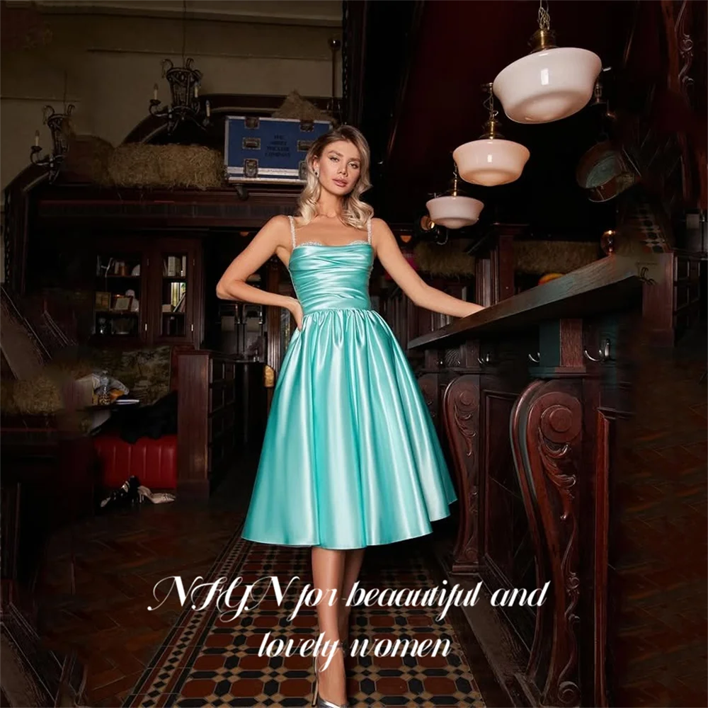 

NFYN Turquoise Satin Cocktail Dresses with Crystal Embellished Straps Prom Dress Sweetheart Sleeveless Formal Dresses Customized