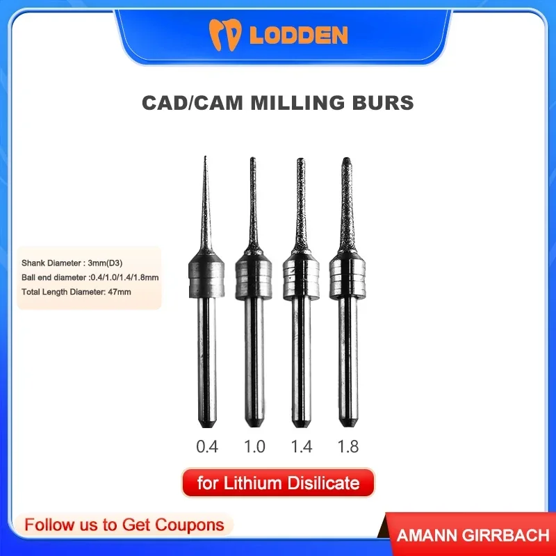 LODDEN Amann Girrbach 연삭용 밀링 커터, 리튬 디실리케이트 치과 실험실, CAD CAM 재료 제품, 0.4mm, 1.0mm, 1.4mm, 1.8mm