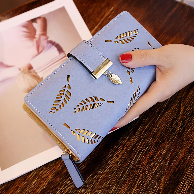 

Ladies' wallet, sweet and ladylike PU leather horizontal zipper clip, girls' long portable hollow leaf coin purse