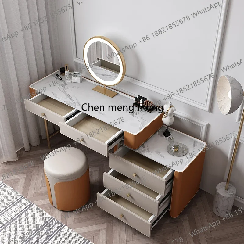 Modern Slate Tabletop Makeup Vanity Table with LED Mirror and Storage Drawers Dressing Desk and Round Stool for Bedroom