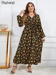 Plus Size jesienna kwiecista długa sukienka damska z kwiatowym nadrukiem z długim rękawem plisowana luźne sukienki damskie Casual modowa kobieca sukienka 2023