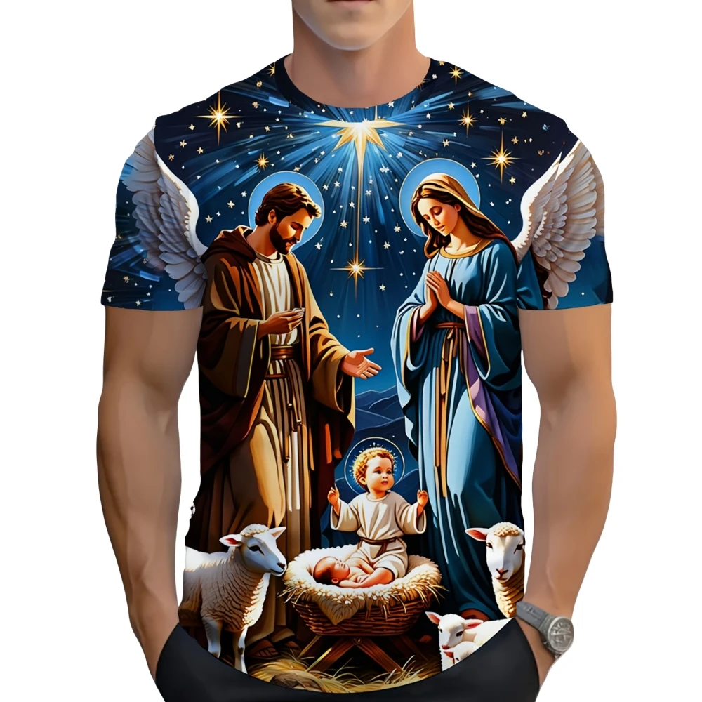 Vintage T-Shirts for Men 3D Jesus Passion Print Short Sleeve Tops Summer Christian T Shirt Loose Oversized T Shirts Men Clothing