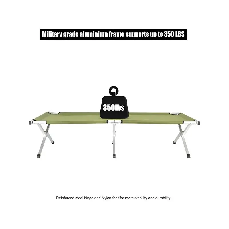 سرير تخييم محمول قابل للطي مع حقيبة حمل، لون أخضر عسكري، سهل الحمل والإعداد، مثالي لحلول النوم في الهواء الطلق