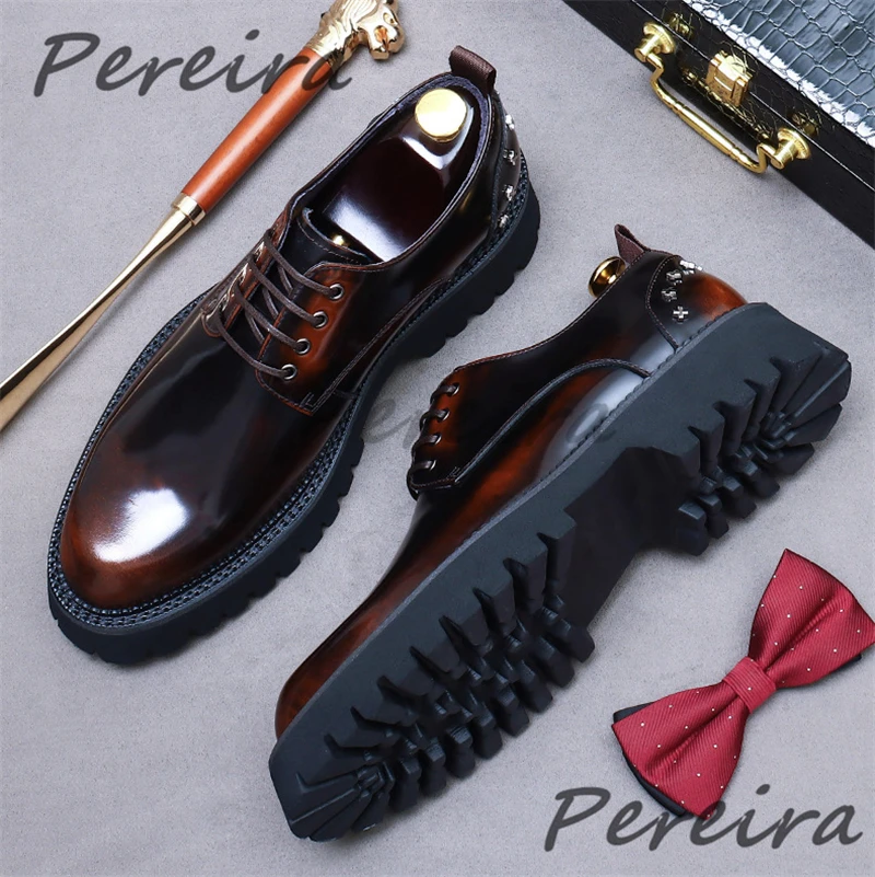 Thick Soled Patent Leather Men's Formal Shoes Trendy Rivets Lace-Up Cowhide Derby Shoes New Wedding Party Business Casual Shoes