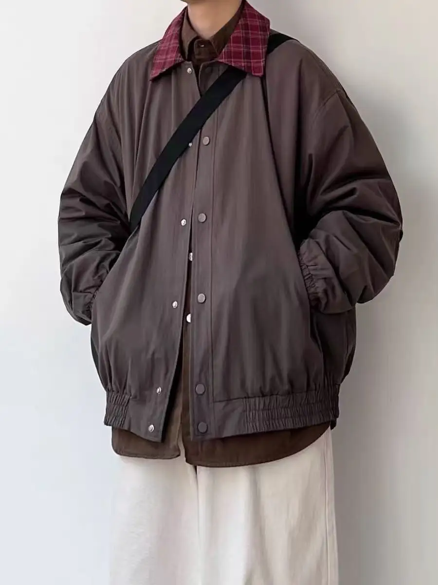 

Spring Autumn Japanese Sle Contrast Color Plaid Collar Jaet Men's Loose Casual Retro ort Workwear Coat Youth Faion