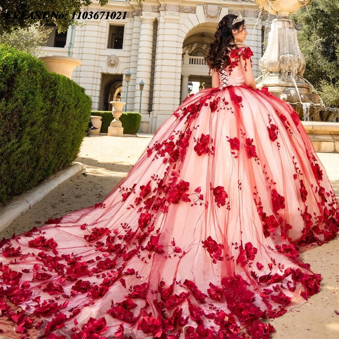 EVLAST Dostosowana suknia balowa w kolorze szampana Sukienka na Quinceanera Czerwona koronkowa aplikacja 3D w kwiaty Gorset z koralikami Sweet 16 Vestidos De Anos SQ389