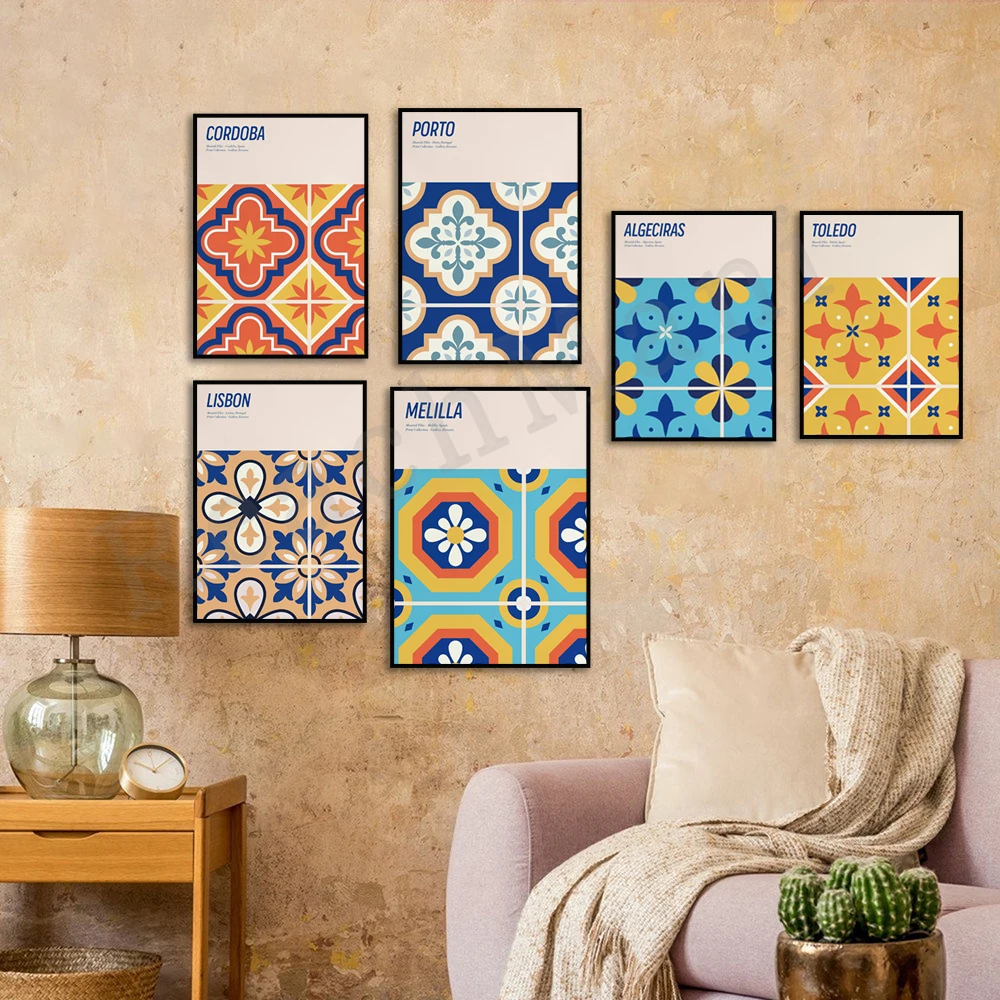 Moorish Wall Decor - Spanish Art Print - Andalucia Tiles Wall Art - Spain Travel Poster - Bohemian Minimalist Art