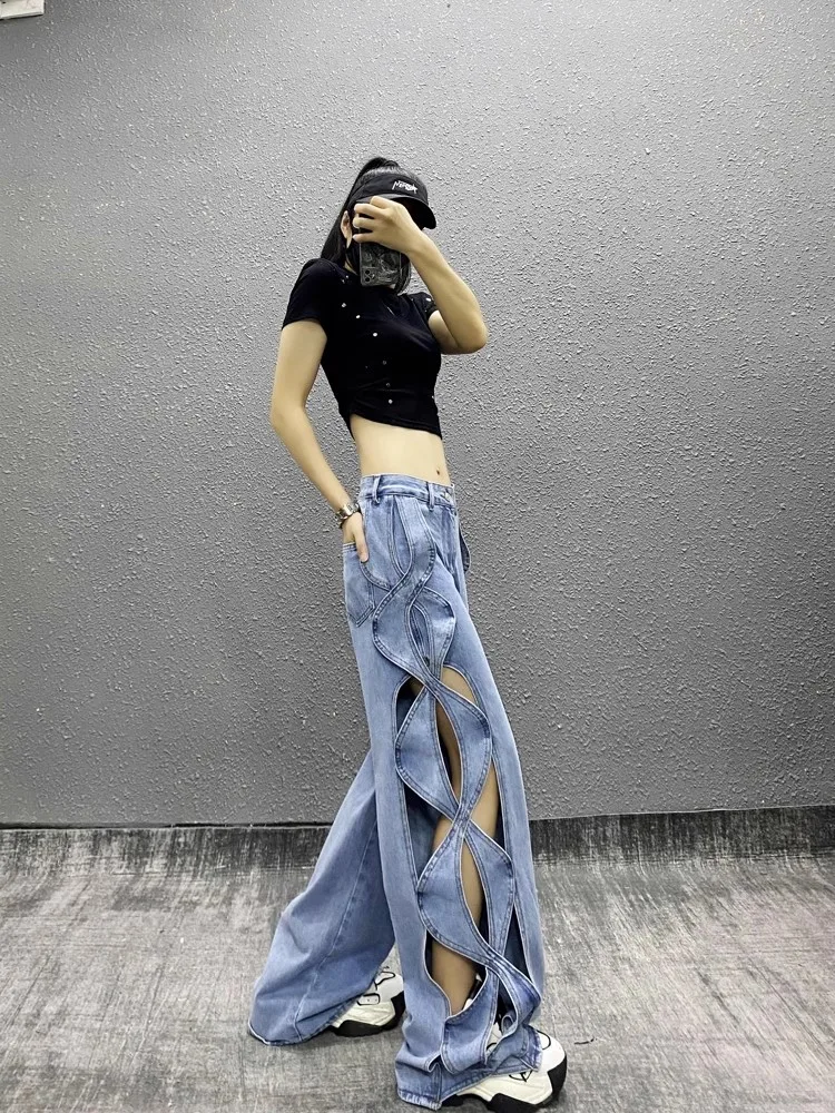 Lalies Denim Pants Fashion Streetwear Y2k Hollow Out Jeans Women High Waist Wide Leg Blue Denim Trousers Elegant Party Jean2025