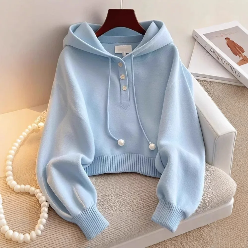 Unique Blue Hooded Drawstring Knitted Sweatshirt Autumn Korean Style Lazy Fashion Comfortable Base Shirt