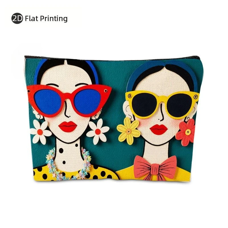 1pc Women'S Makeup Bag with Zipper Closure - Cute Cartoon Face Clutch Purse, Teal Background & Red/Blue/Yellow Floral Accents