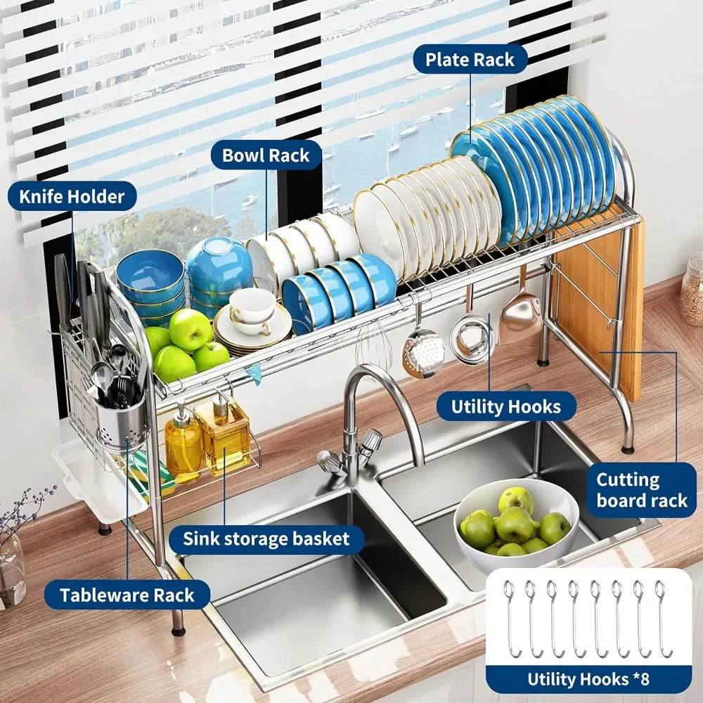 Over The Sink Dish Drying Rack, Large Stainless Steel Dish Rack Over Sink, with Utensil Holder Dish Racks for Kitchen Counter