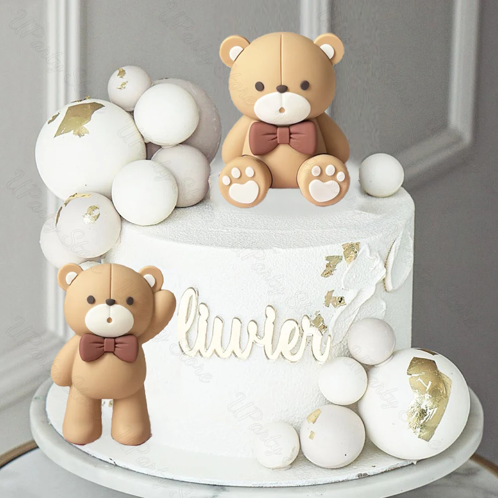 1 Set Brown Bear Cake Toppers  2-4cm White Balls Boho Teddy Bear Cake Topper for Birthday Baby Shower Cupcake Cake Decoration