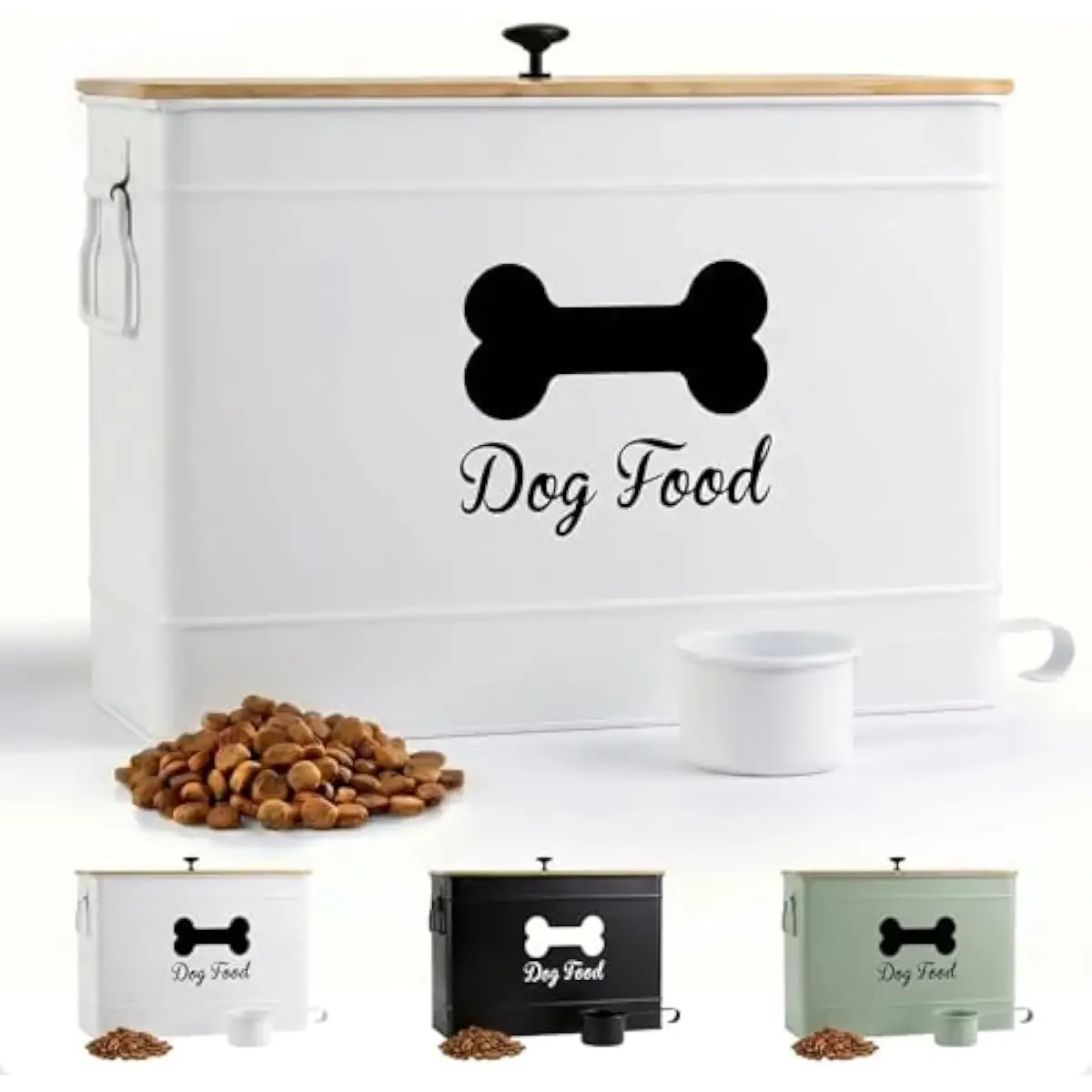 Metal Pet Food Storage Bin 20 Lb Capacity 70 Cup Airtight Seal Bamboo Lid Rubber Gasket Ergonomic Handles Matte White Finish Dur