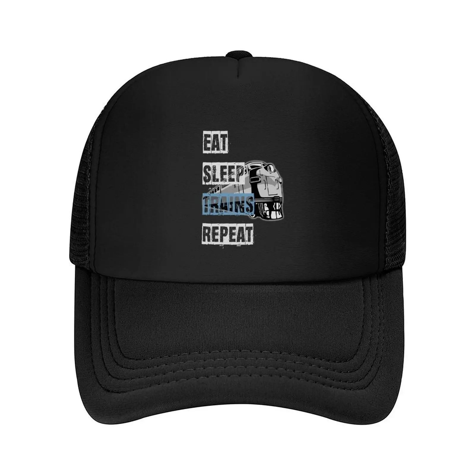 

Eat Sleep Trains Repeat Model Railroading and Railways Funny Bold Design with Blue Text. Baseball Cap Winter hat Female Men's