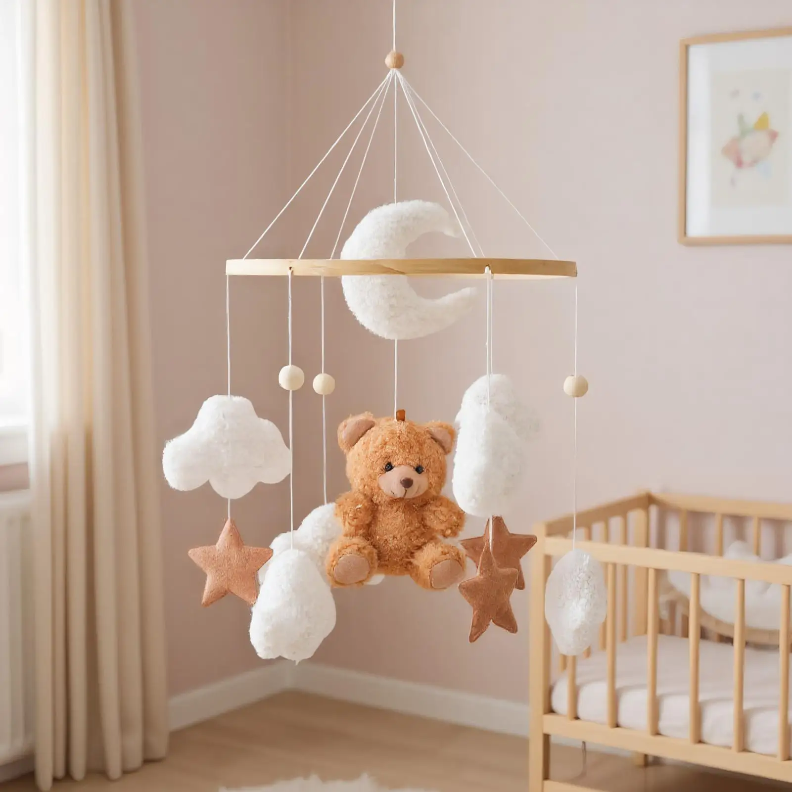 Crib Mobile Baby Bed Bell Rattle Toy Bear Cloud Star Baby Crib Mobile Hangable Soother with Rotation Cartoon Bear Mobile Hanging