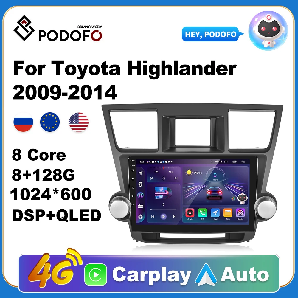 

Podofo Wireless CarPlay Andorid Auto Car Radio For Toyota Highlander 2009-2014 AI Voice Multimedia GPS 2din autoradio