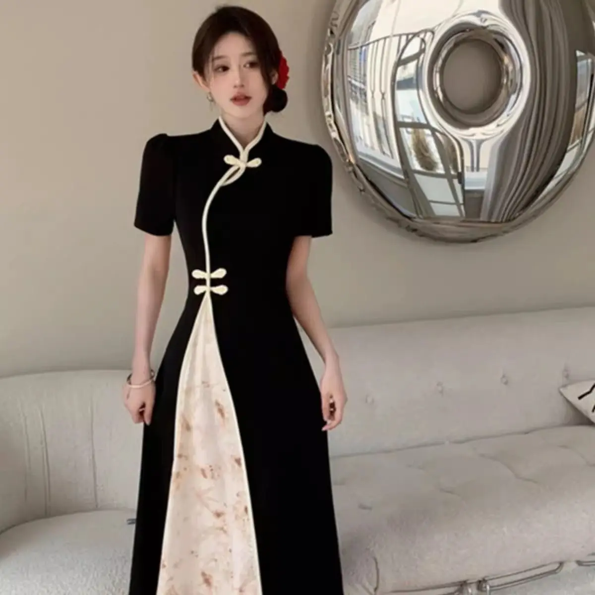 New Chinese Style National Wind Improved Dark Pattern Jacquard Qipao Dress Women New Arrival Plus Size Vintage Long Skirt