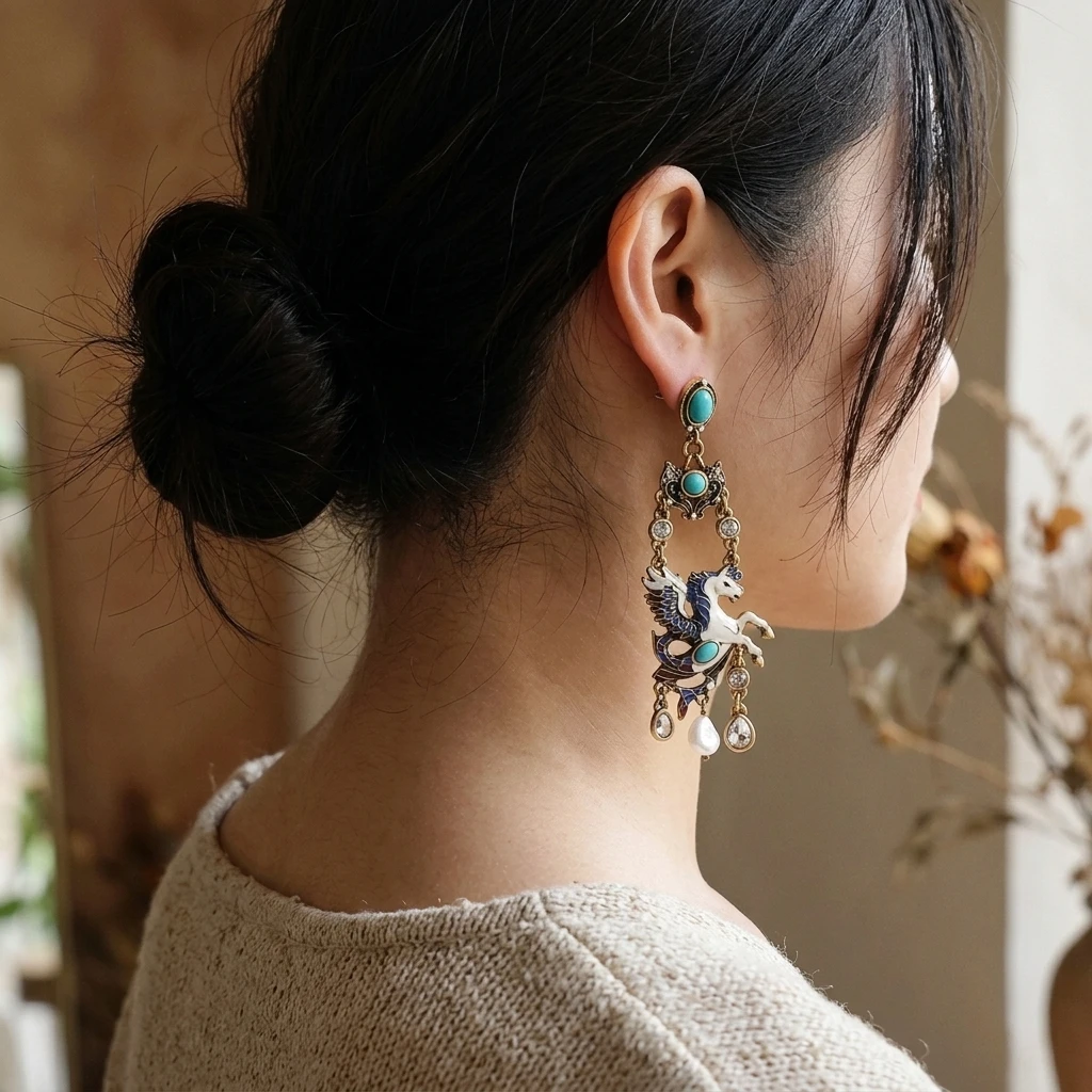 Vintage Enamel Pegasus Unicorn Long Dangle Earrings for Women Turquoise Pearl Crystal Chandelier Statement Drop Earrings Gifts