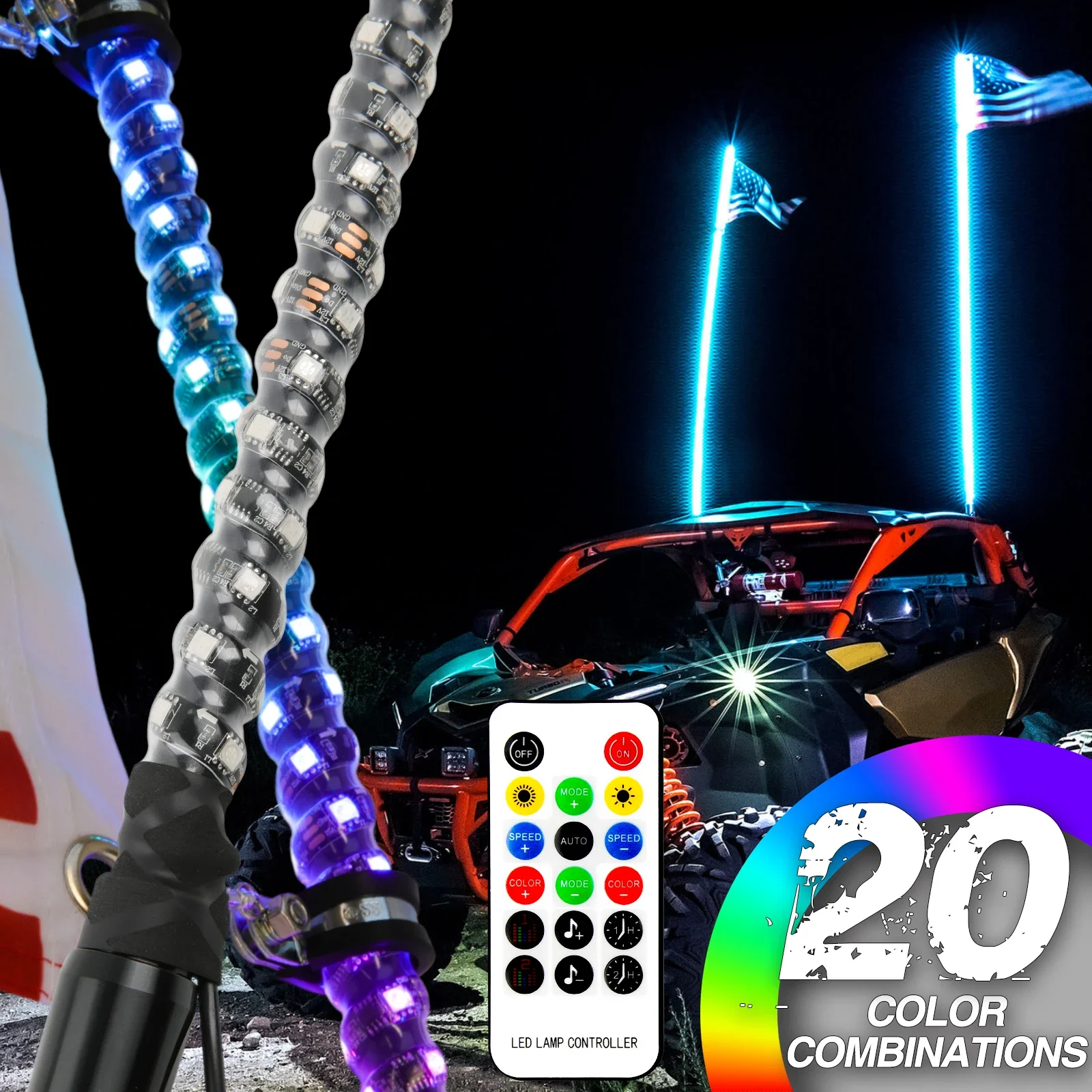 2PCS 1FT 12V Fat Spiral LED Whip Light For Side By Side For UTV APP Control Compatible With Polaris RZR for Can-Am Maverick X3