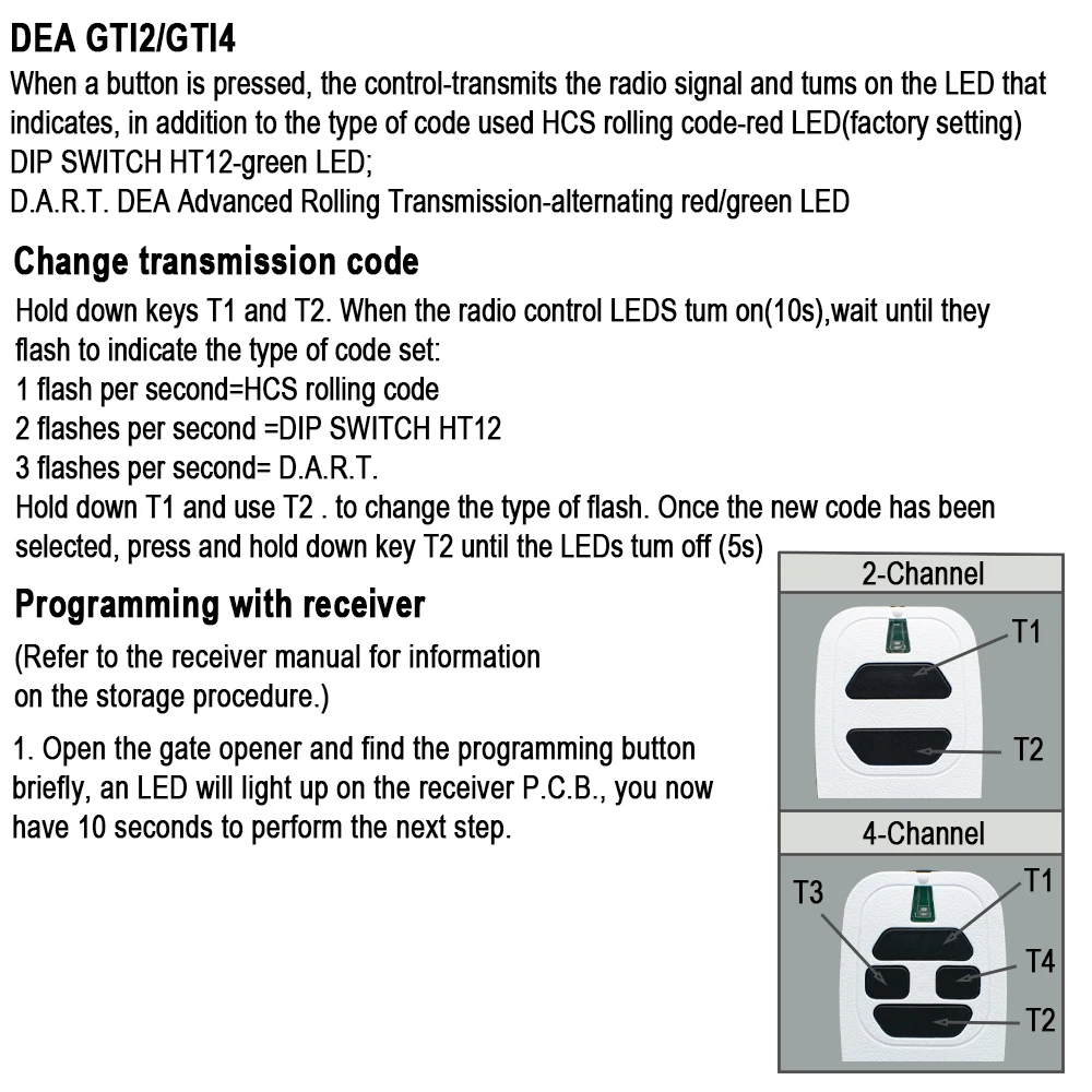 Imagem -02 - Controle Remoto de Garagem Dea Gt2 Gt4 43392 Mhz Compatível com Dea Gti2 Gti4 Mio Tr2 Tr4 Rolling Code Dea Mio Td2 Td4 Código Fixo