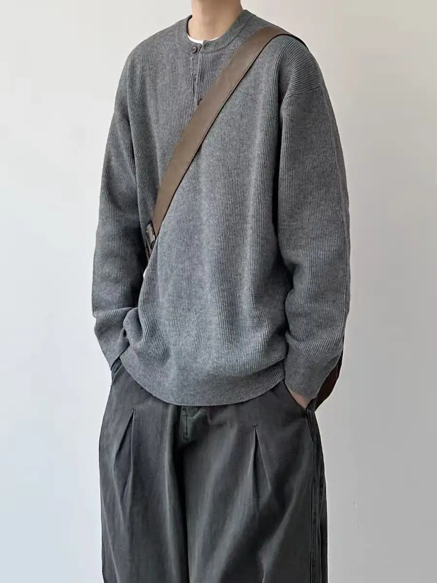 

Spring 2026 Men's Loose Casual Henry Collar Knitwear ay Base Layer Top Retro Japanese Sle Long Sve Warm Polyester Fiber