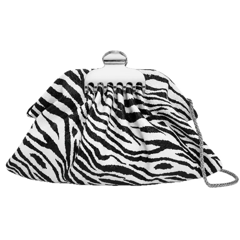 Vintage Leopard-patterned Zebra Pattern Pleated Pu Leather Evening Clutch Bag Luxury Design Folded Cloud Bag with Silver Chain