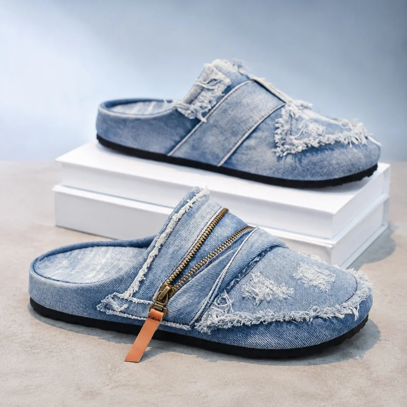 Light Blue Denim Mules with Frayed Edges, Distressed Holes Metal Zipper Design, Easy Slip-On Style, Retro Trendy and Versatile.