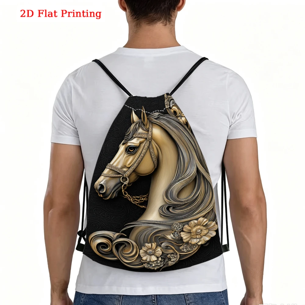 Retro Style, Drawstring Backpack, 2D Flat Printing Horse Pattern, Fitness Sports Bag, Outdoor Travel Drawstring Pack