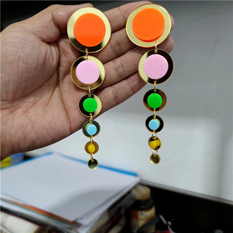 KUGUYS Round Dots Long Tassel Drop Earrings for Women Mirror Gold Color Acrylic Trendy Jewelry Fashion Hyperbole Accessories