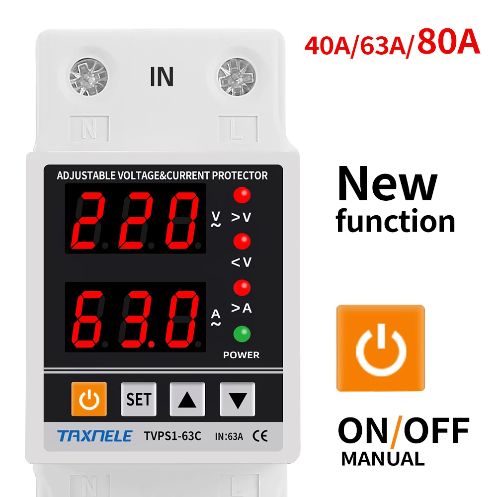 Dual Display 40A 63A 230V Din Rail Adjustable digital Over Under Voltage Relay Surge Protector  Limit Over Current Protection