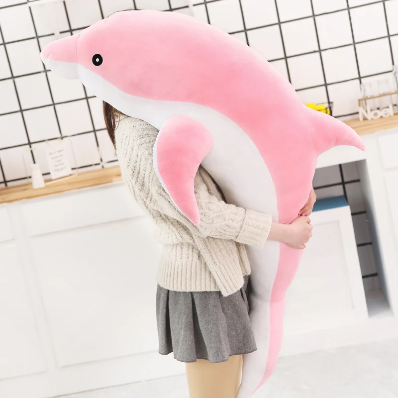 Grey Kawaii Dolphin Plush Toy Blue Soft Doll Pink Stuffed Animal Sofa Long Pillow Room Cushion Decor Christmas Gift for Girl Boy