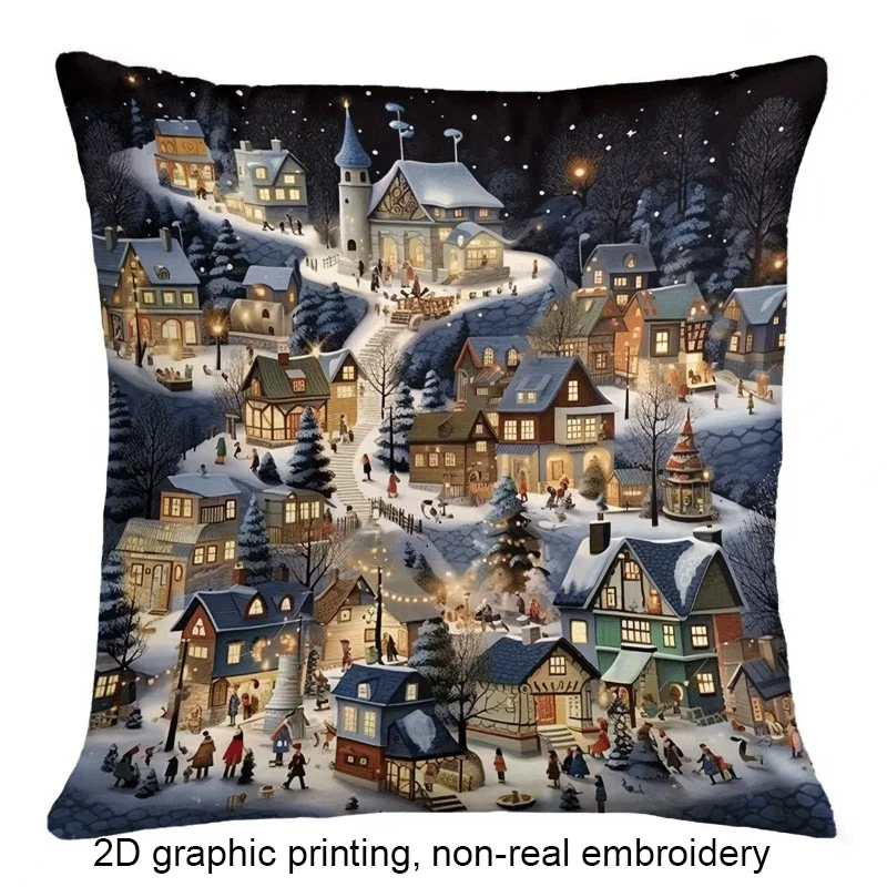 1pc Christmas Snow Town Double‑Sided Print Pillow Cover, Cushion Case for Sofa Bedroom, Insert Not Included, Xmas Decor