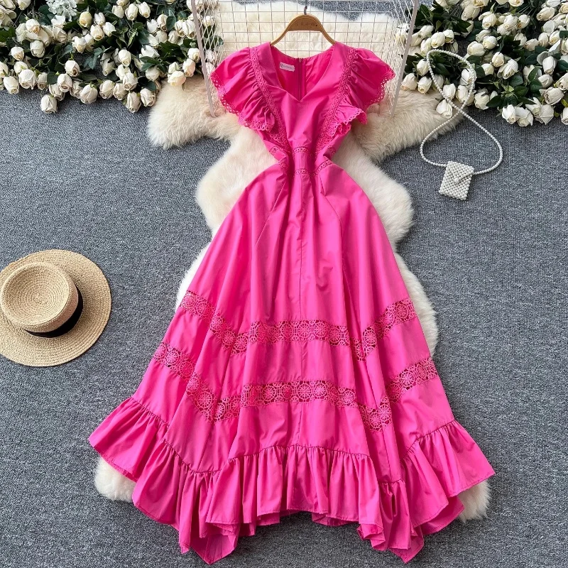 

Дизайнерские длинные платья с открытыми кружевными рукавами и рюшами, женские летние однотонные тонкие вечерние платья макси с летящими рукавами и v-образным вырезом нестандартной формы