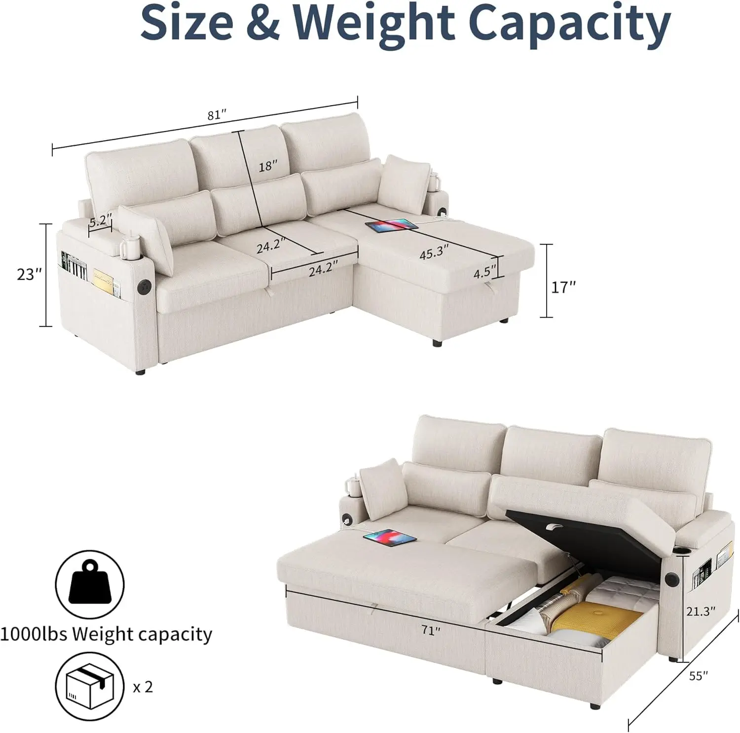 L-Shaped Sectional with Storage, Reversible Sleeper with Chaise, Fabric Modular Sofa with Cup Holder, 1000lbs, Customized