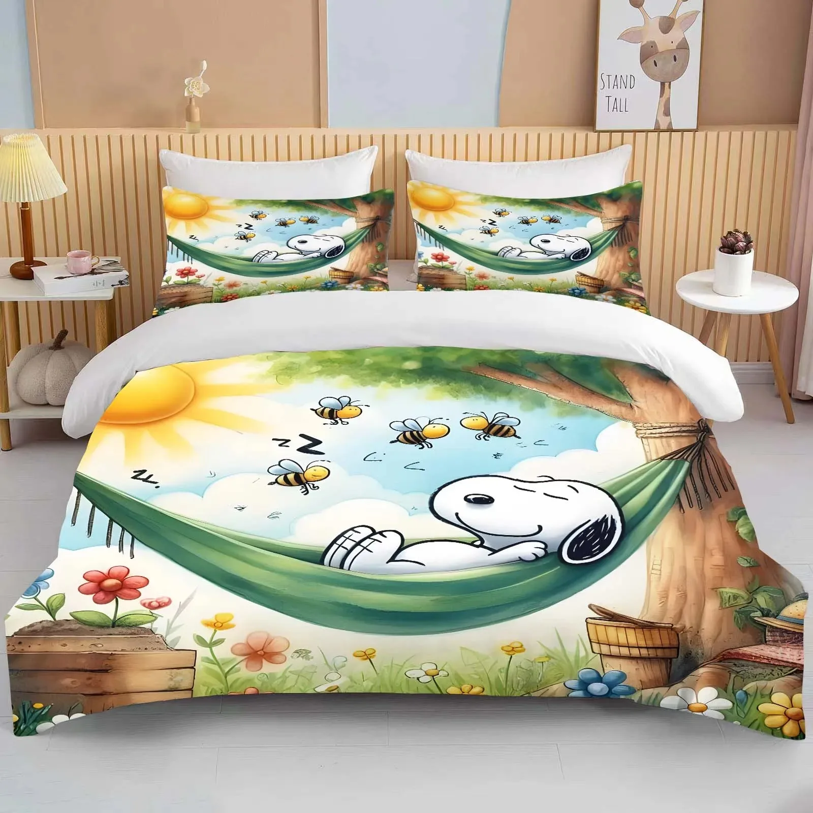 Snoopy Cartoon Cute Print Bedding Set Duvet Cover Pillowcase, Adult Kids Birthday Gift Full Size Home Bedding Customizable