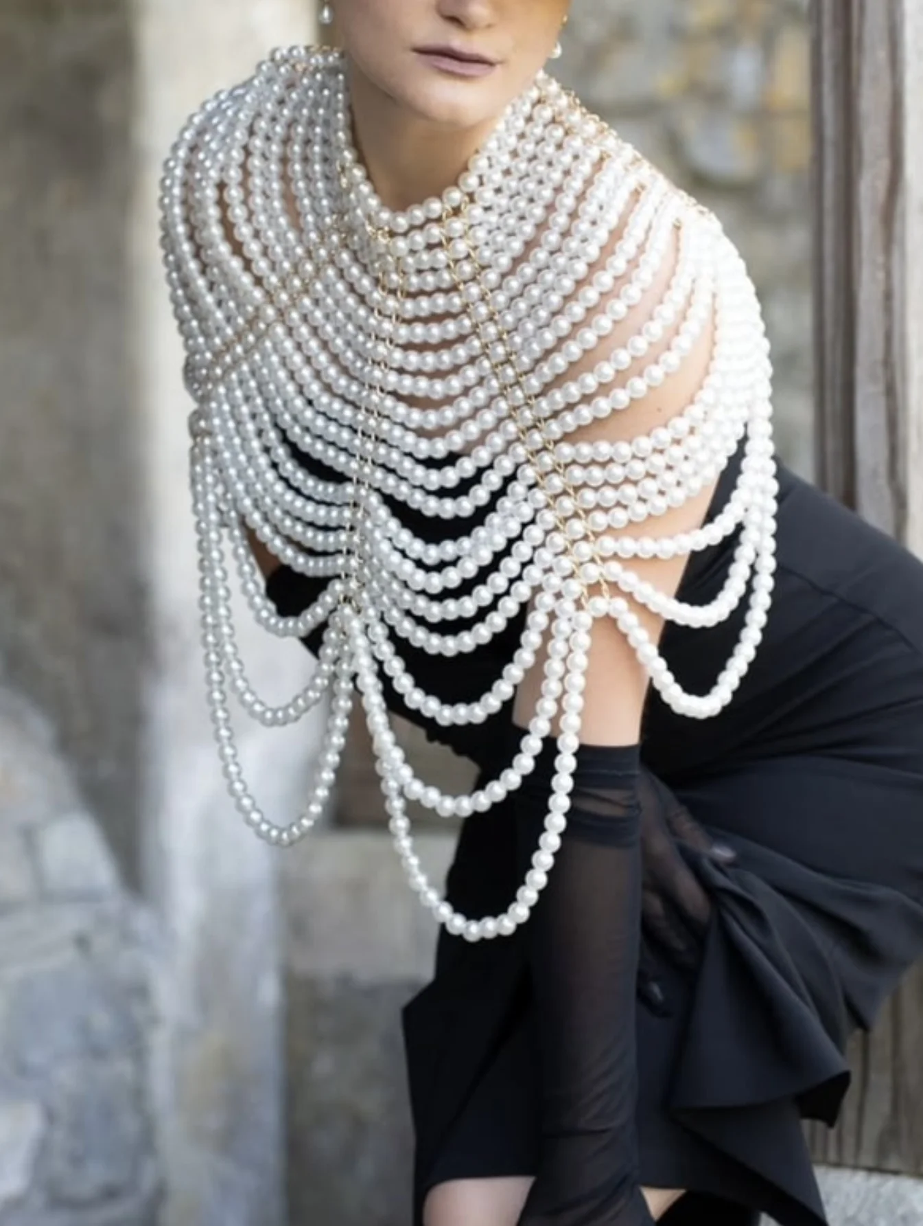 1 قطعة الصناعة الثقيلة متعددة الطبقات المرأة فو اللؤلؤ شال ، أنيقة المنسوجة يدويا سلسلة عنق قلادة ، فستان الزفاف التبعي ، Suita #2